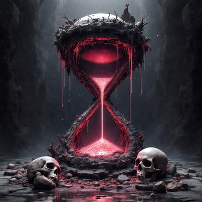 The primary subject of the image is a large, red, and black clock with a red center. The clock is placed in a dark, rocky environment, giving it a mysterious and dramatic appearance. The visual style of the image is a combination of digital art and illustration, creating a striking and intriguing scene. The dominant colors in the image are red and black, with the red center of the clock standing out against the dark background. The overall atmosphere of the image is moody and captivating.
